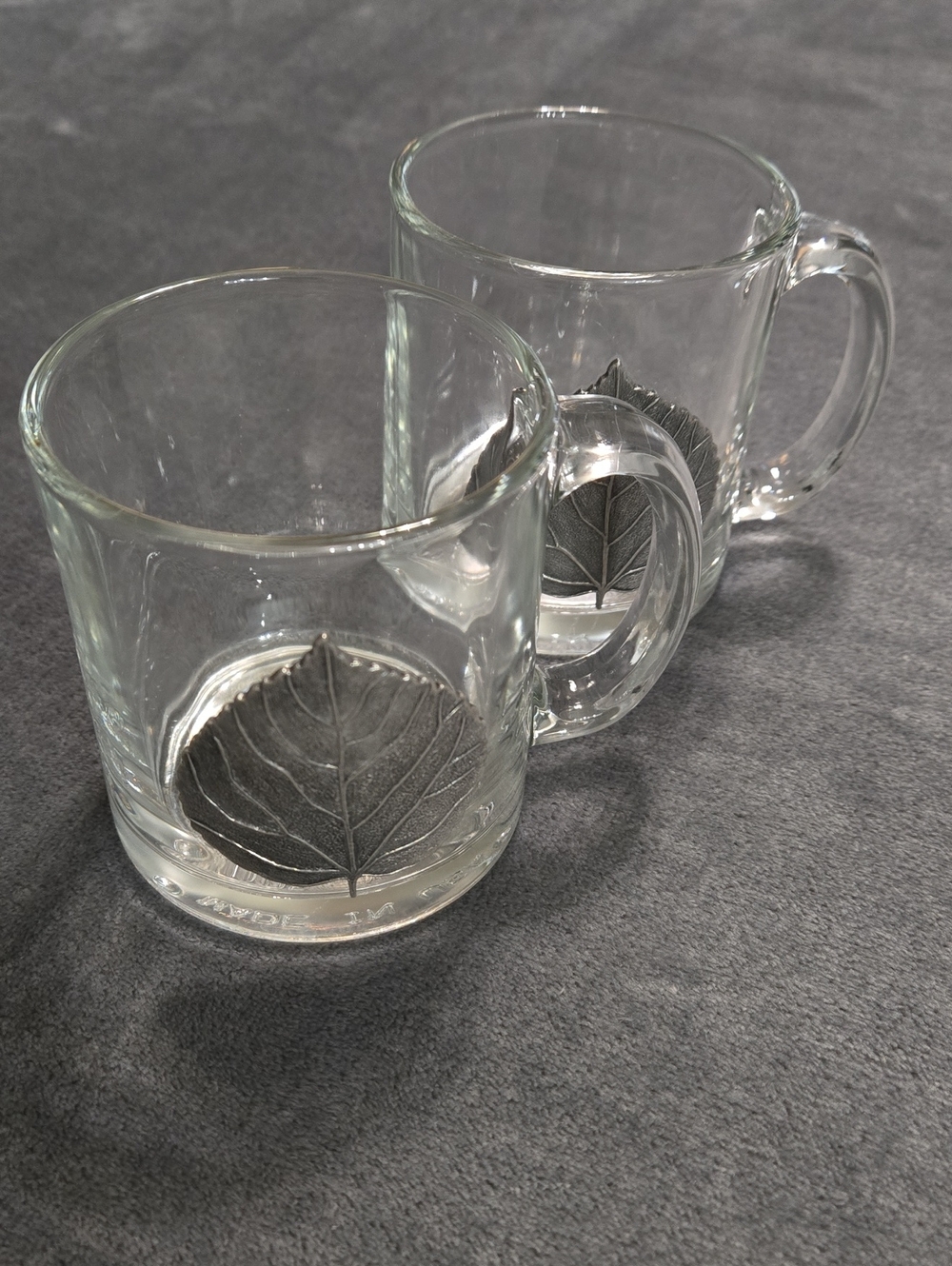 Set Of 2 Clear Glass Coffee Tea Mugs With Metal Silver Leaf